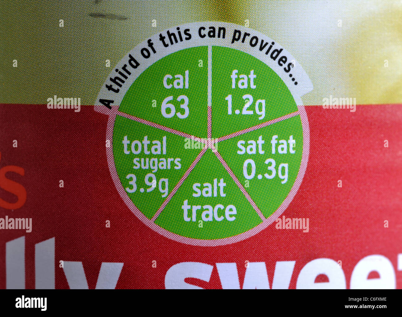 Product information on tin of Sainsbury`s Naturally Sweet Sweetcorn. Stock Photo